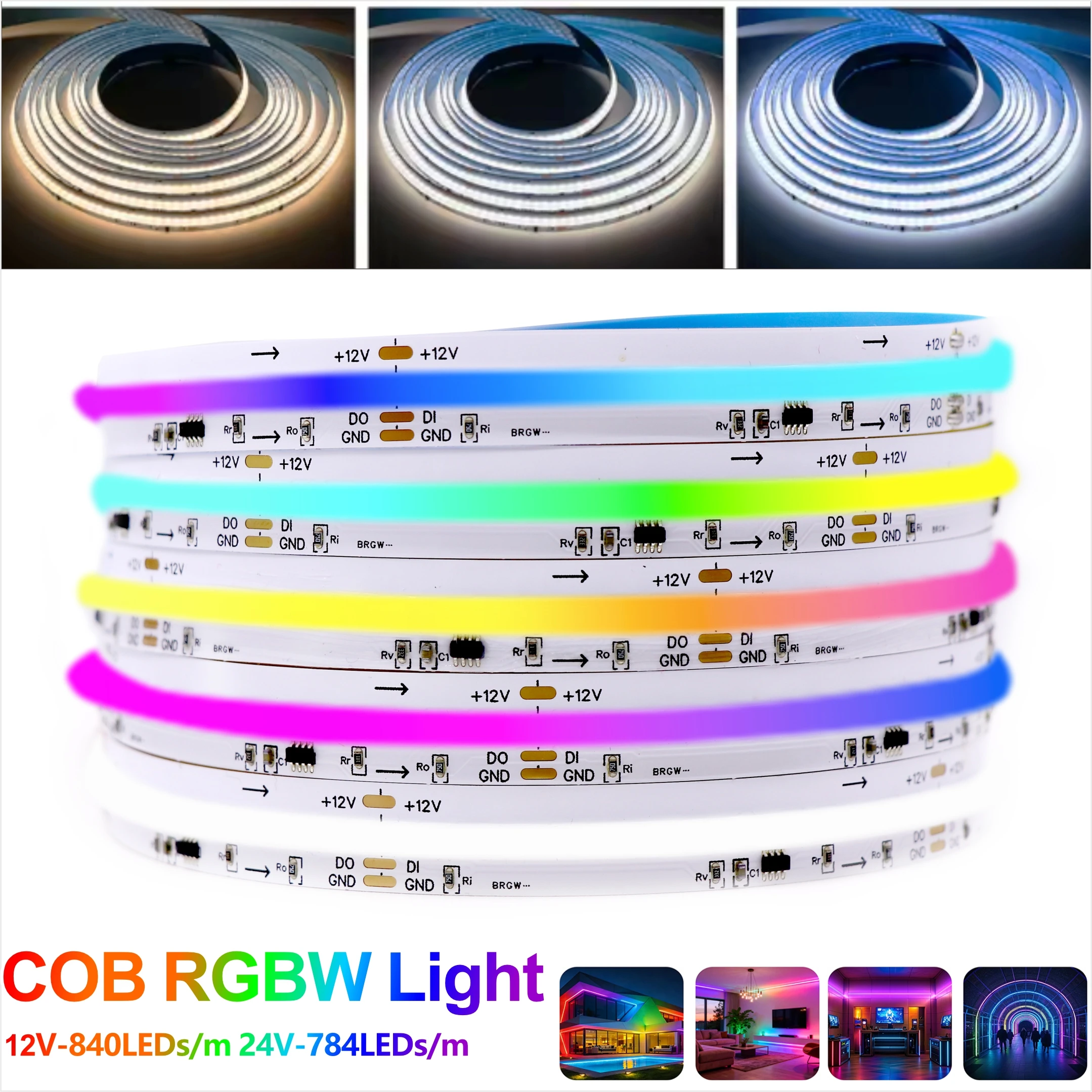 Bande LED FCOB SPI RGBW IC WS2814 adressable 784 840 LED Couleurs Rêveuses 10mm DC24V 12V SK6812 Lumières FOB COB Haute Flexibilité