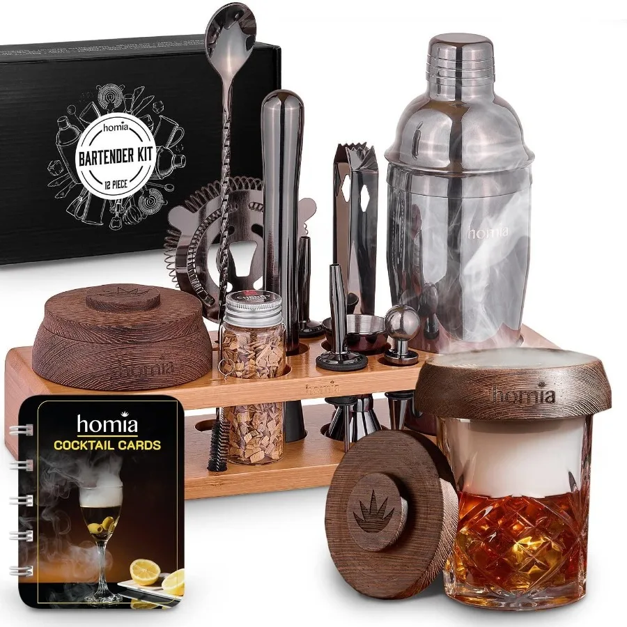 

Bartender Kit with Whiskey Smoker 13 pcs Bamboo Stand Bar Set with Cocktail Shaker Bartending Kit with Essential Bar Accessory