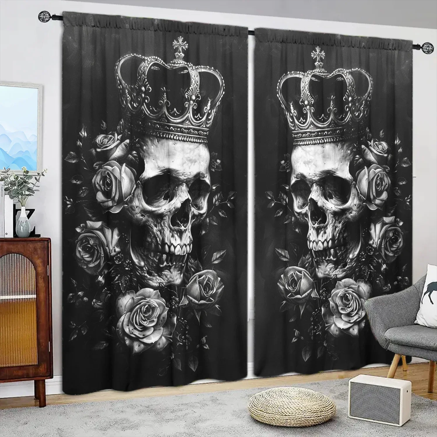 

2 шт. готическая занавеска с принтом черепа черной розы для домашнего декора-карман стержневым карманом для обработки окон для спальни, офиса, кухни