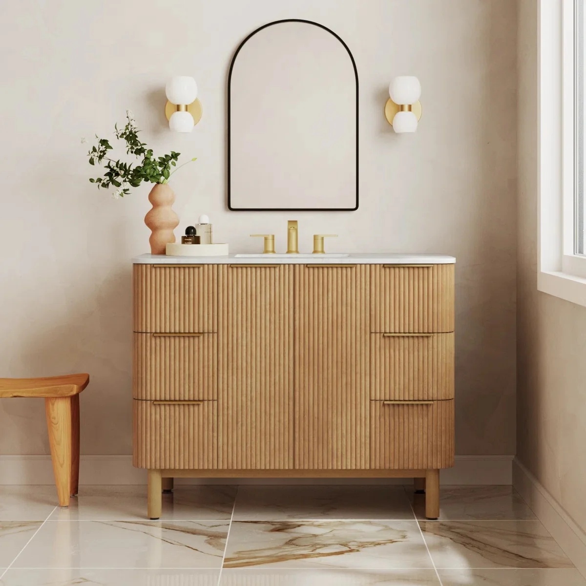 Custom Natural Solid Wood Bathroom Vanity Modern Striped Fluted Design With Quartz Countertop Single Sink Freestanding Ca