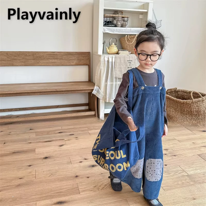 Korean Style Children Overalls Spring Autumn Khaki Royal Blue Corduroy Loose Jumpsuit Children Fashion Versatile Clothes E123513