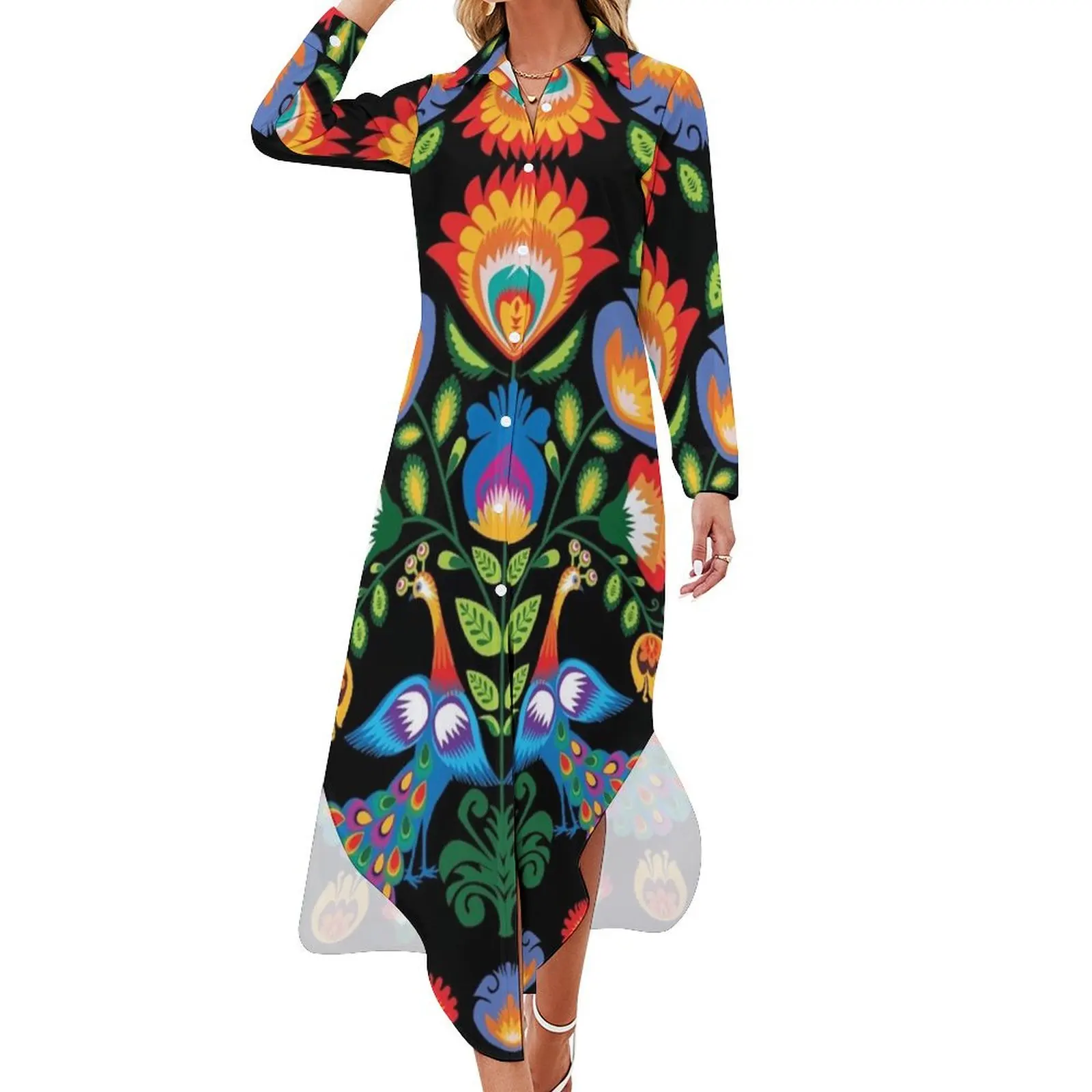 One more folklore composition with peacocks Long Sleeved Shirt Dress women's summer jumpsuit Woman dresses