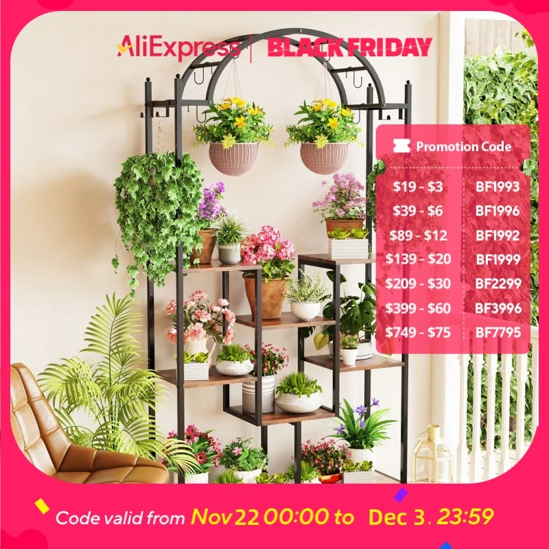 フック付きのアーチ型の金属製植木鉢ラック,屋内の植物のフック付き,庭,5レベル,74.8インチ