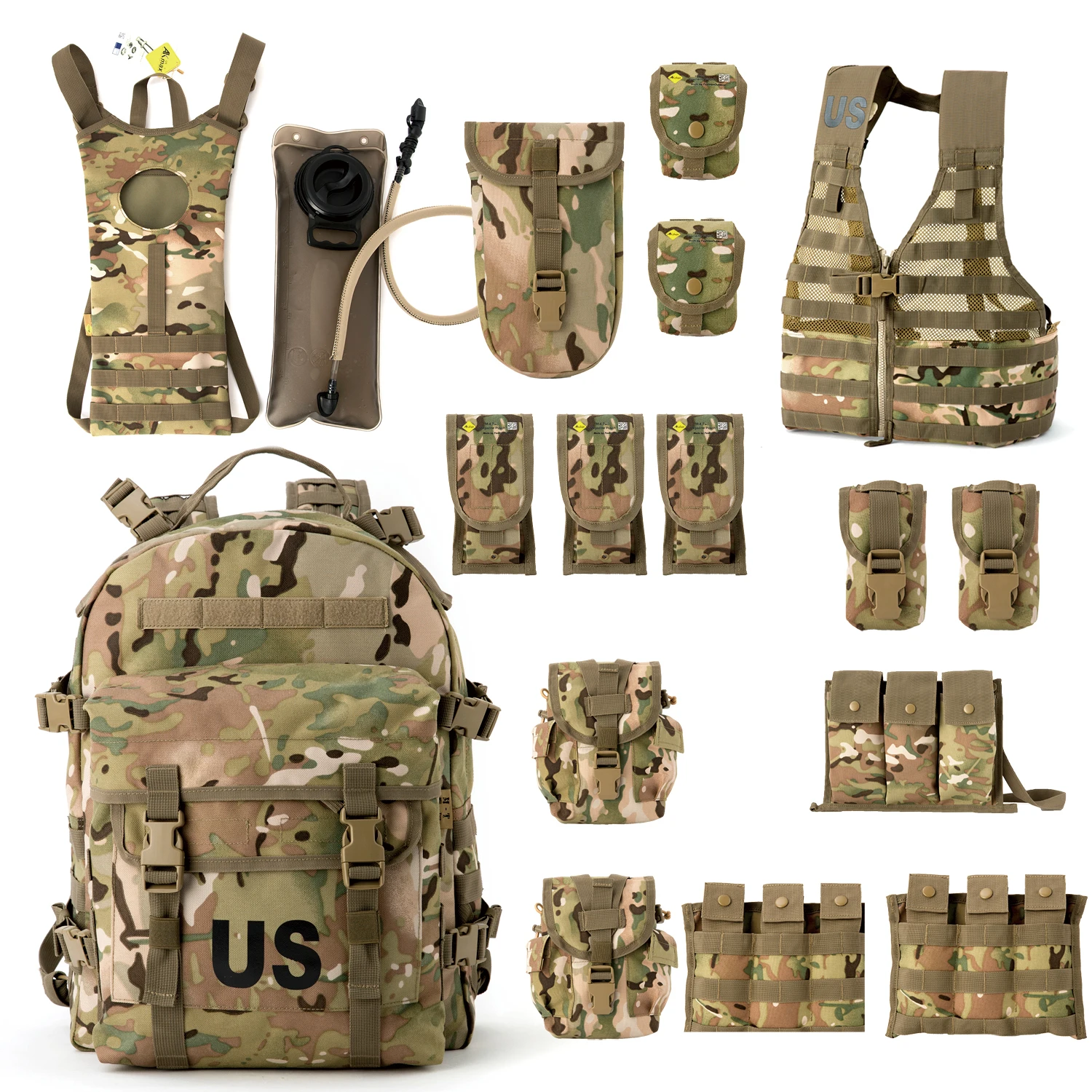 Akmax Military MOLLE 2 Army Vest, Rifleman FLC Set with Outer Pouches, Assault Backpack and Hydration Pack, Multicam Camo