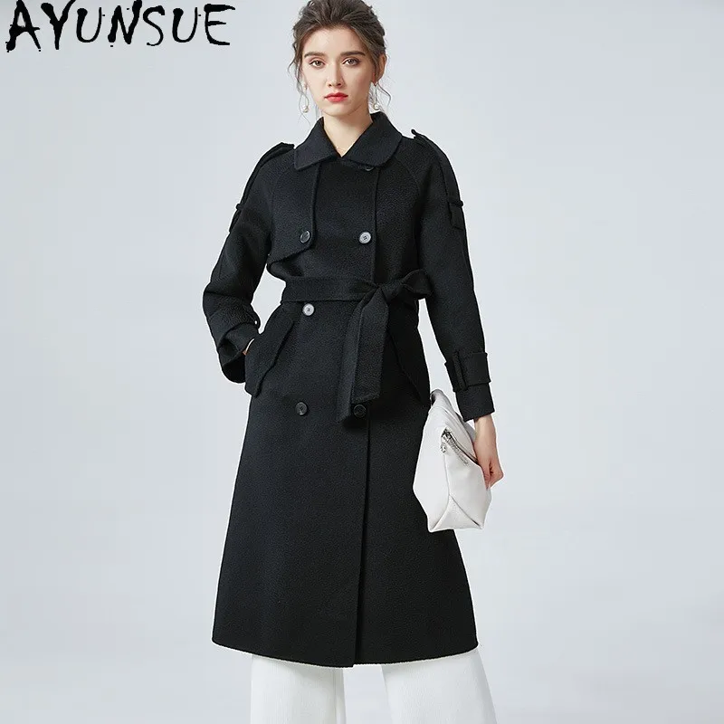 AYUSNUE Chaqueta de invierno para mujer, 95,7% lana, 4,3% cachemira, abrigo de lana de doble cara, cálido, de longitud media, Abrigos Mujer