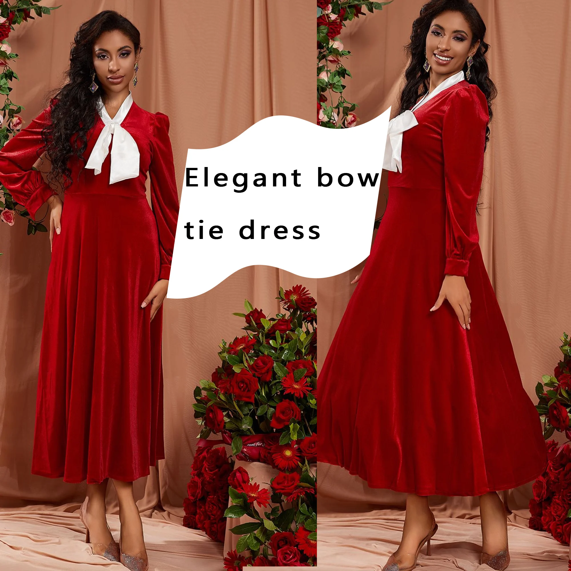 

Women's Velvet Winter New Style Hepburn Style Bow Long Sleeve Dress Retro High end Feeling Multi functional Commuter Dress