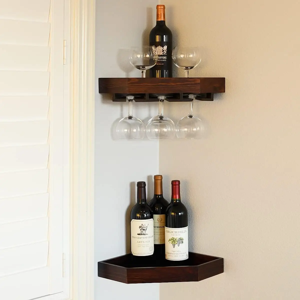 

Wooden Rustic Floating Corner Wine Rack with Glass Holder - 2 Pack, Wall Mounted for Kitchen or Dining Room