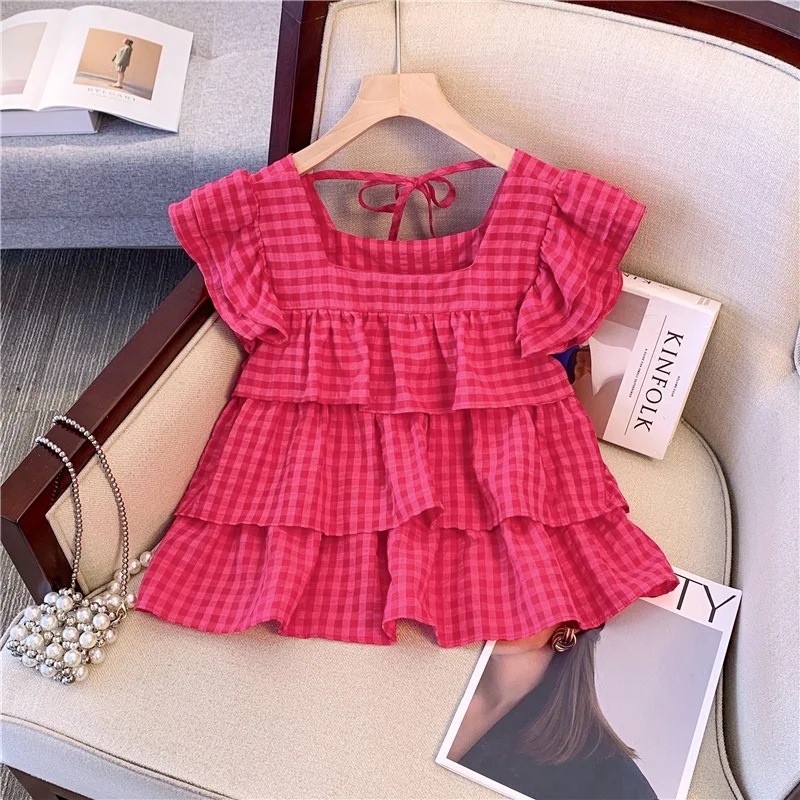 

Summer Sweet Small Size Dragon Fruit Color Plaid Square Collar Shirt Women's Fashion Sleeveless Top with Lace Hem Commute Style