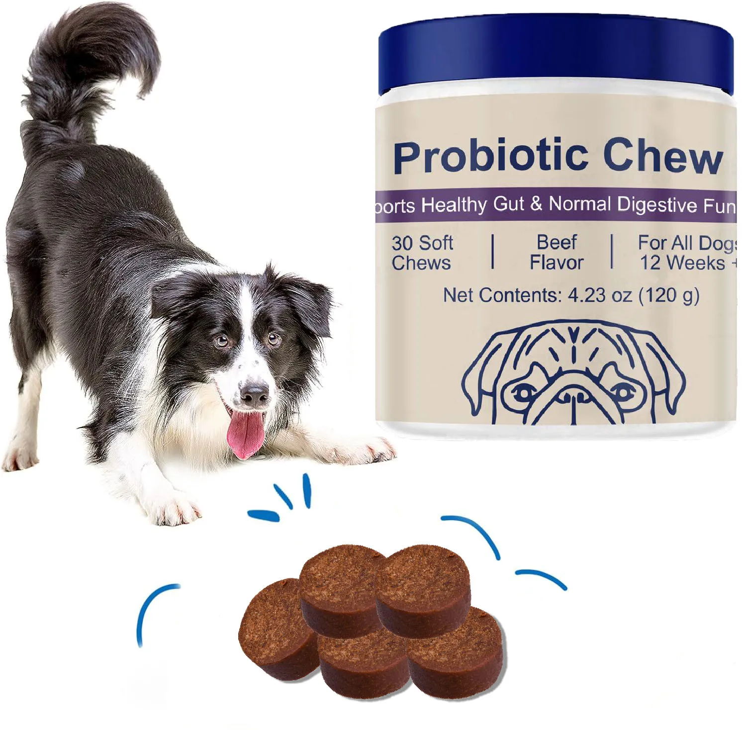 

Пробиотики для собак в форме жевательных таблеток, для поддержания здоровья кишечника, при временной диарее, для улучшения пищеварения и при сезонной аллергии - 30 мягких жевательных таблеток