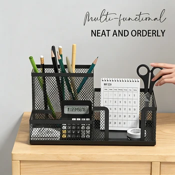Desktop Accessories Storage Caddy, Black Wire Mesh Desk Organizer with 3 Compartments, Pencil Holder and Storage Baskets