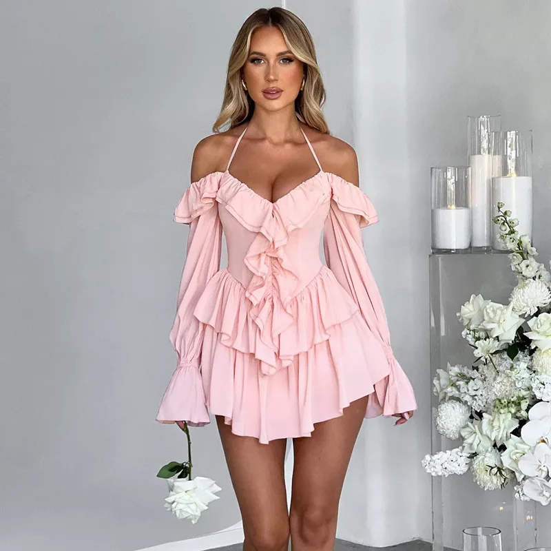 

Off Shoulder Ruffles Long Sleeve Halter Mini Dress Women Elegant Folds Slim Fit A-line Short Dress Party Birthday Holiday Summer