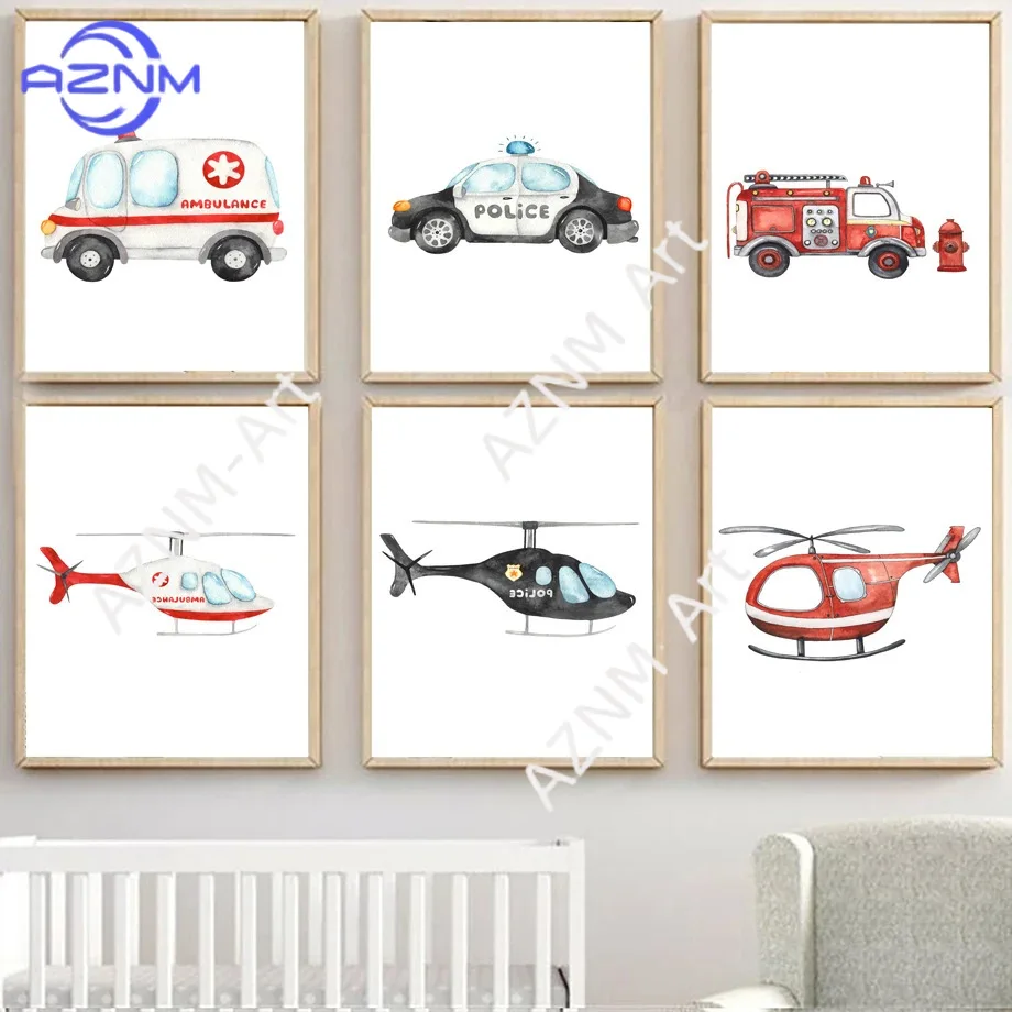 

1PC/6pcs Nordic Cartoon, car, helicopter, police car, ambulance, fire truck, excavator poster, children's bedroom decoration