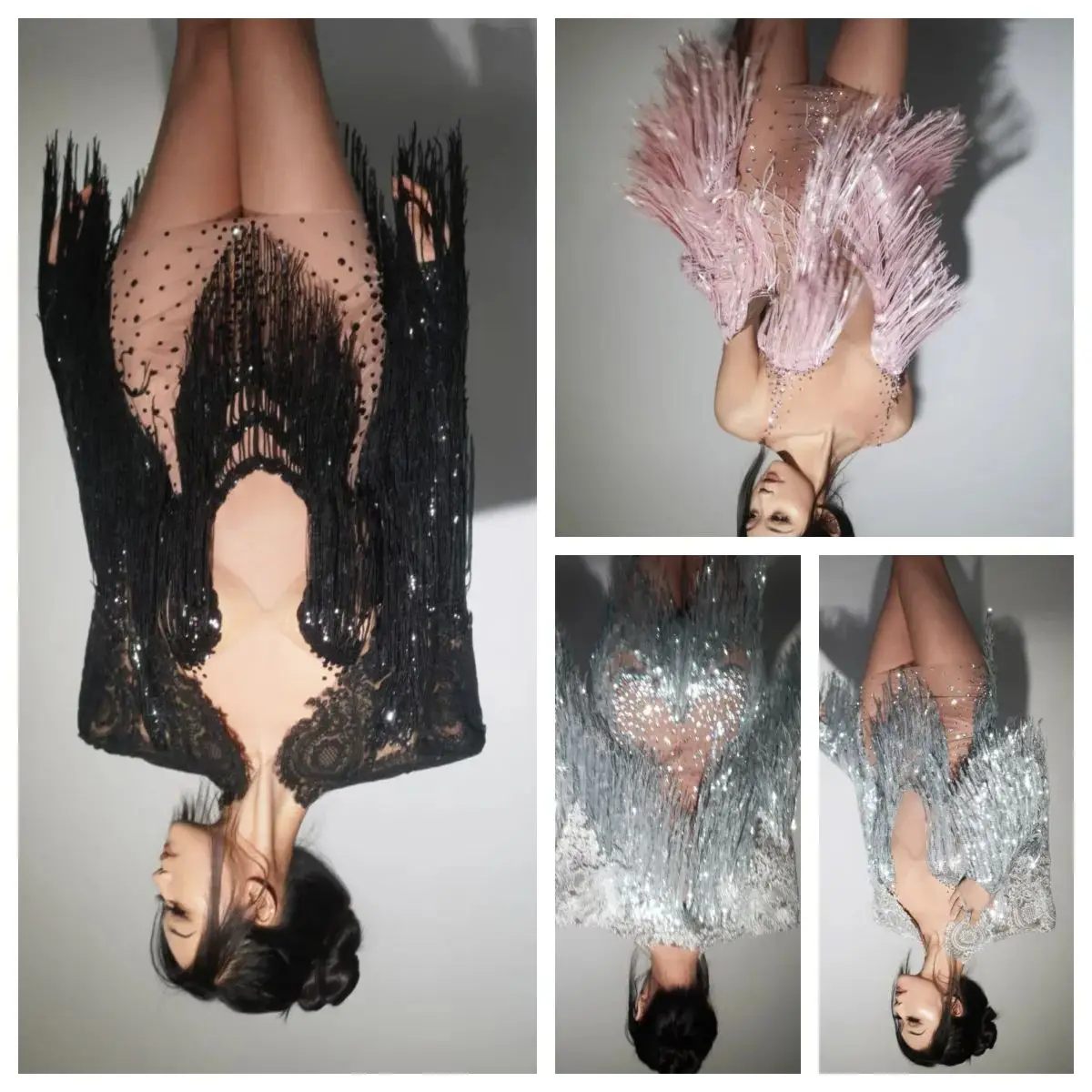 

Singer Stage Wear Rhinestones outfit Sequins Tassels Short Dress Shawl 2 Pieces Set Sexy Transparent Birthday Dance Costume