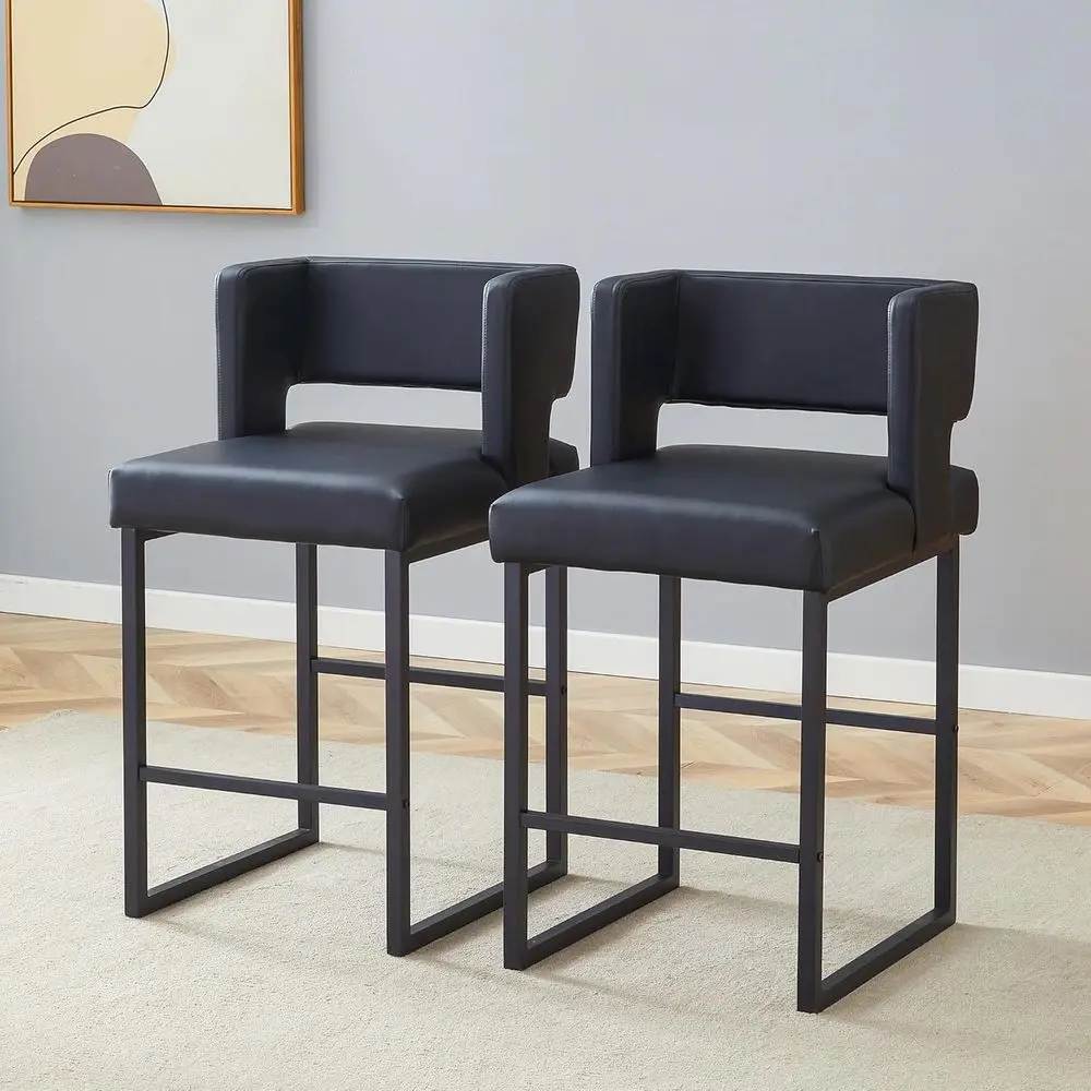 

Set of 2 Leather Counter Height Bar Stools with Square Open Backrest for Kitchen Island or Home Pub