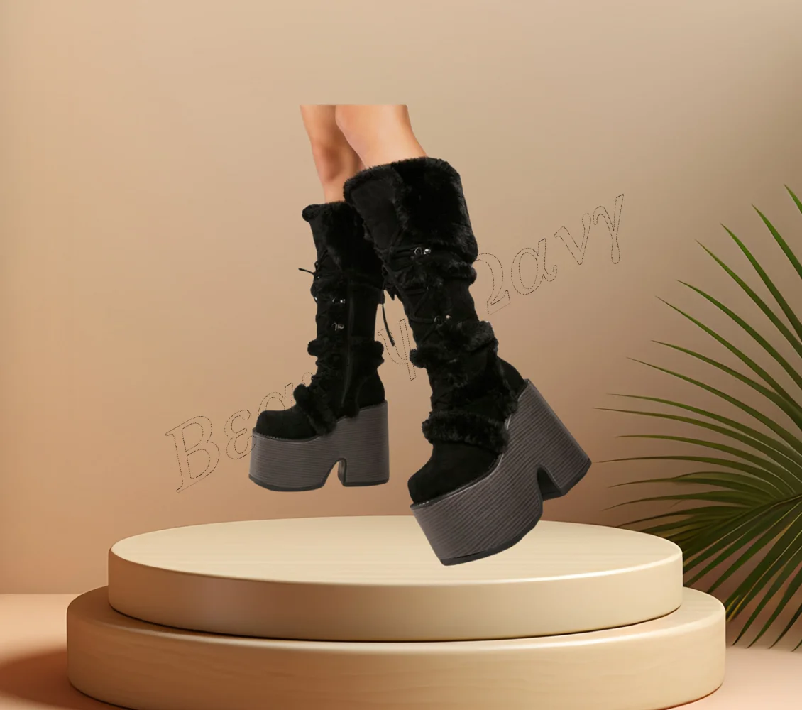 

Black Fur Decor Punk Boots Platform Strange Style Shoes Chunky High Heel Shoes for Women Wedding Shoes 2023 Zapatos Para Mujere