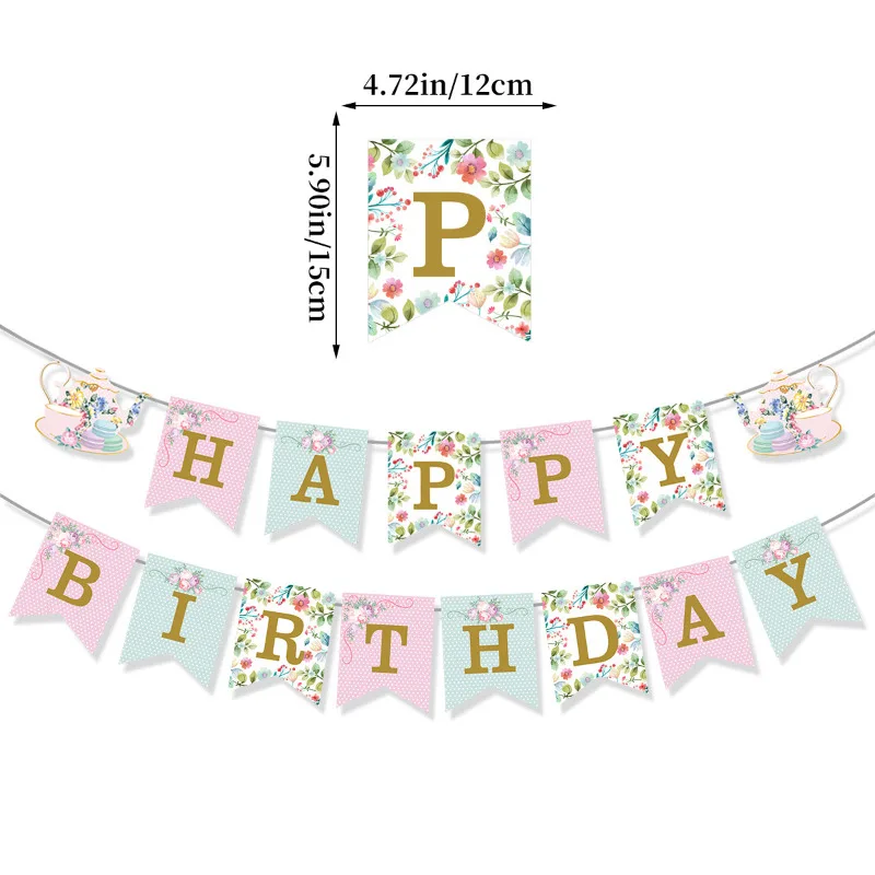 Pastel Pink Green Floral HAPPY BIRTHDAY Swallowtail Flag Hanging Banner Backdrop for Garden Tea Birthday Party Decoration Supply