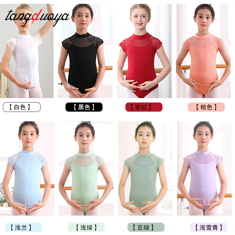 Body da balletto in pizzo per ragazze Colletto alla coreana Body da ginnastica con schiena cava Body da balletto in cotone Body da ballo per bambini per ragazze