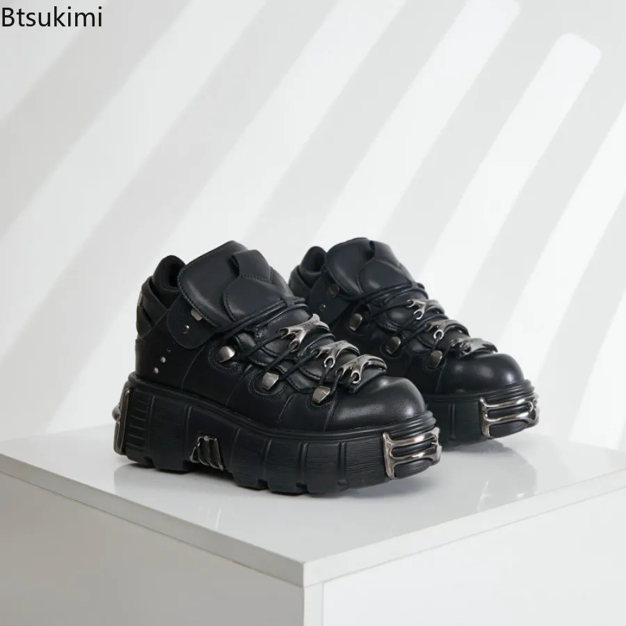 New 2026 Autumn and Winter Fashion Women's Heavy Metal Boots Platform Low-Top Punk Leather Shoes Black Female Motorcycle Boots