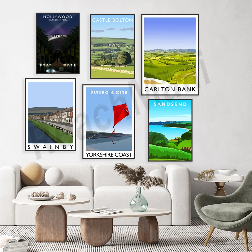 Hambleton, Yorkshire coast, Sunderland, Whitby, Newcastle, Skellig Islands, Bolton Castle, Derwentwater, Barcelona travel poster