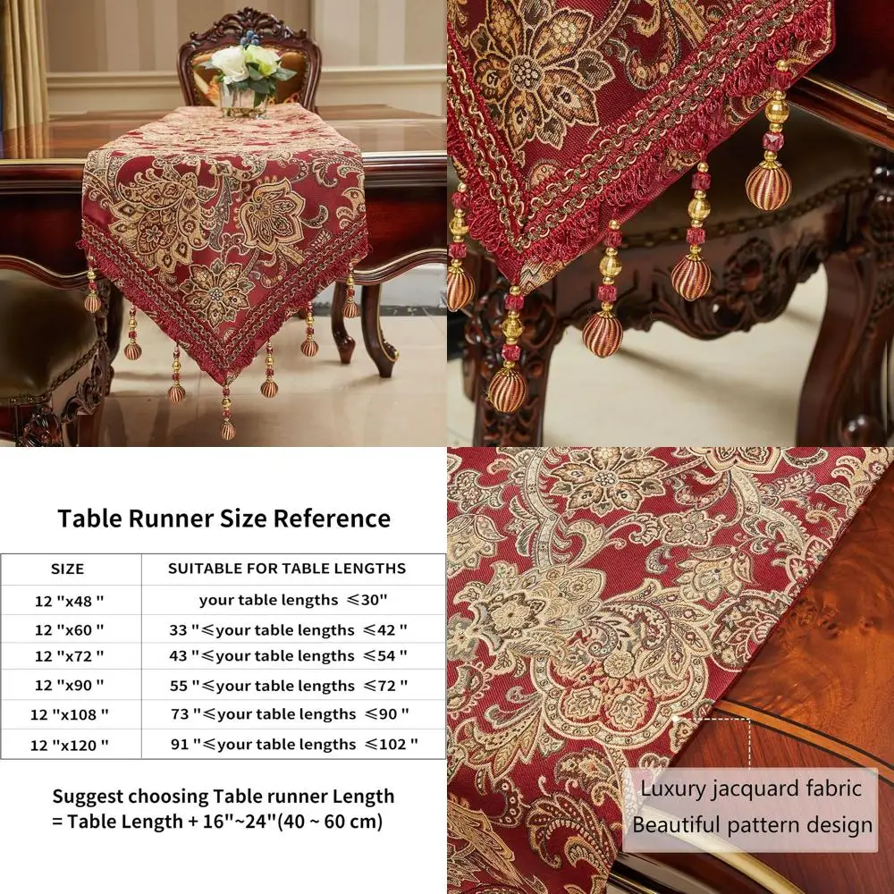 

Embroidered Jacquard Vintage Table Runner, 120 Long with Multi-Tassels, for Dining, Weddings, and Holidays (Red, 12x120)