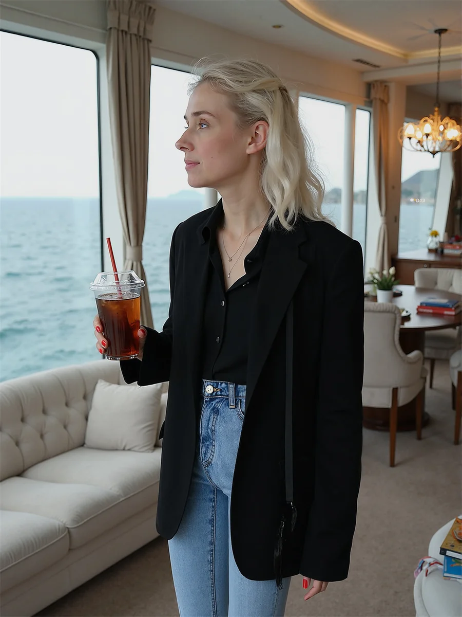 

Блейзеры женские корейские модные осенние пальто на одной пуговице элегантное рабочее повседневное свободное пальто оверсайз с длинным рукавом с зубчатым воротником женские