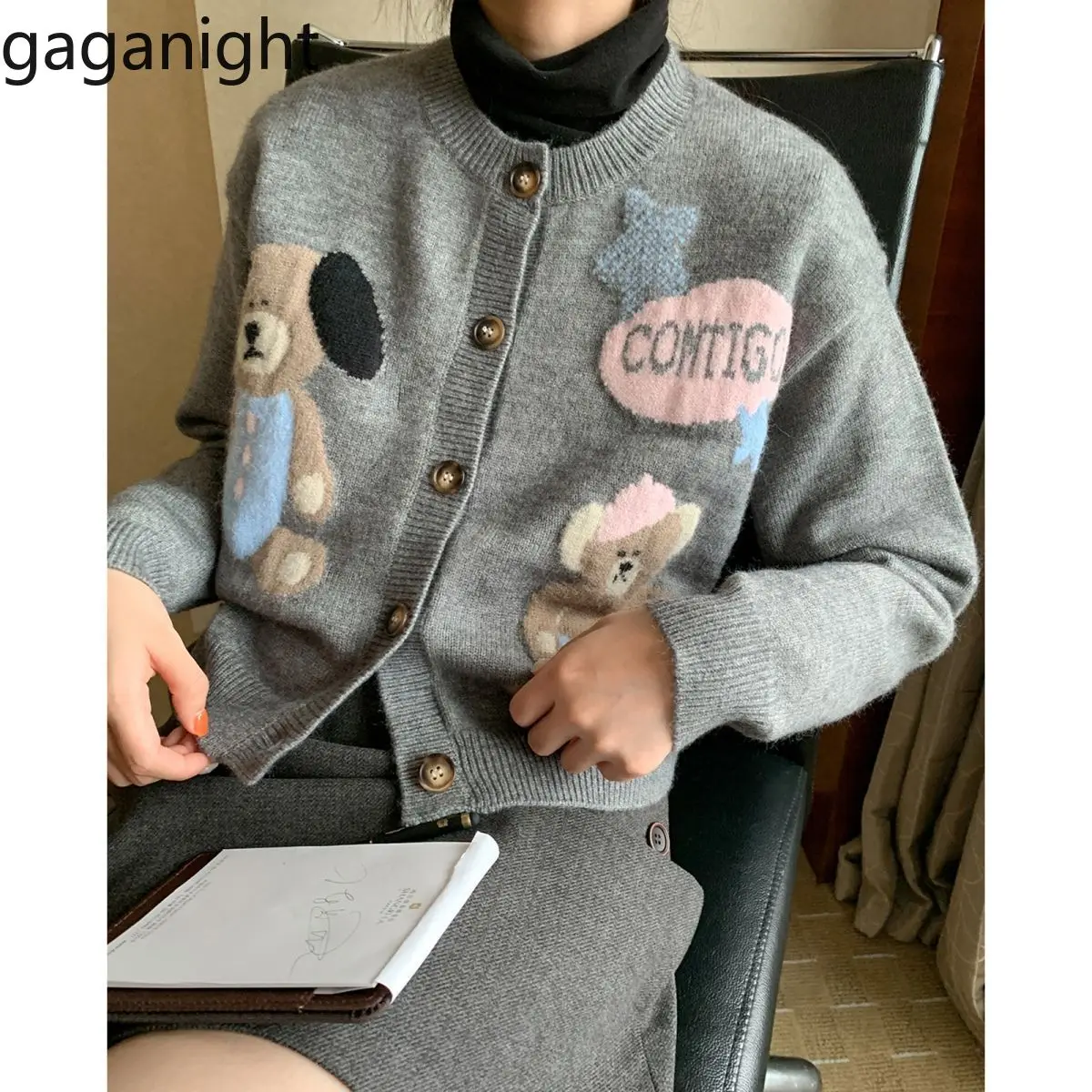 Gaganight Women Sweet Little Bear O neck Jacquard Sweater Knitted Cardigan 2024 Women's Autumn Winter New Loose Versatile Top