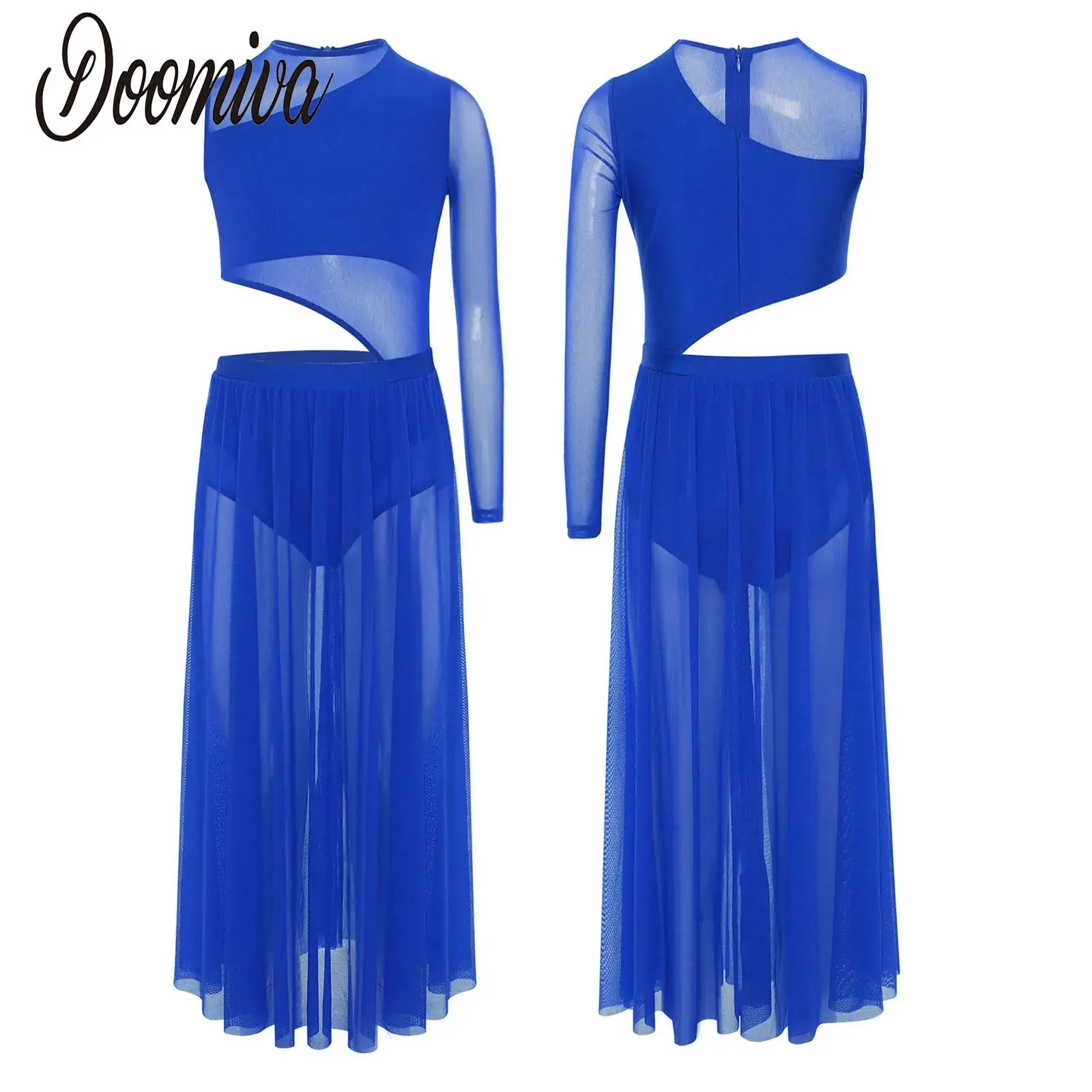 

Girls Lyrical Dance Dress Cutout Sheer Mesh Patchwork Modern Skating Dance Figure Skating Dancewear Performance Ballet Costume