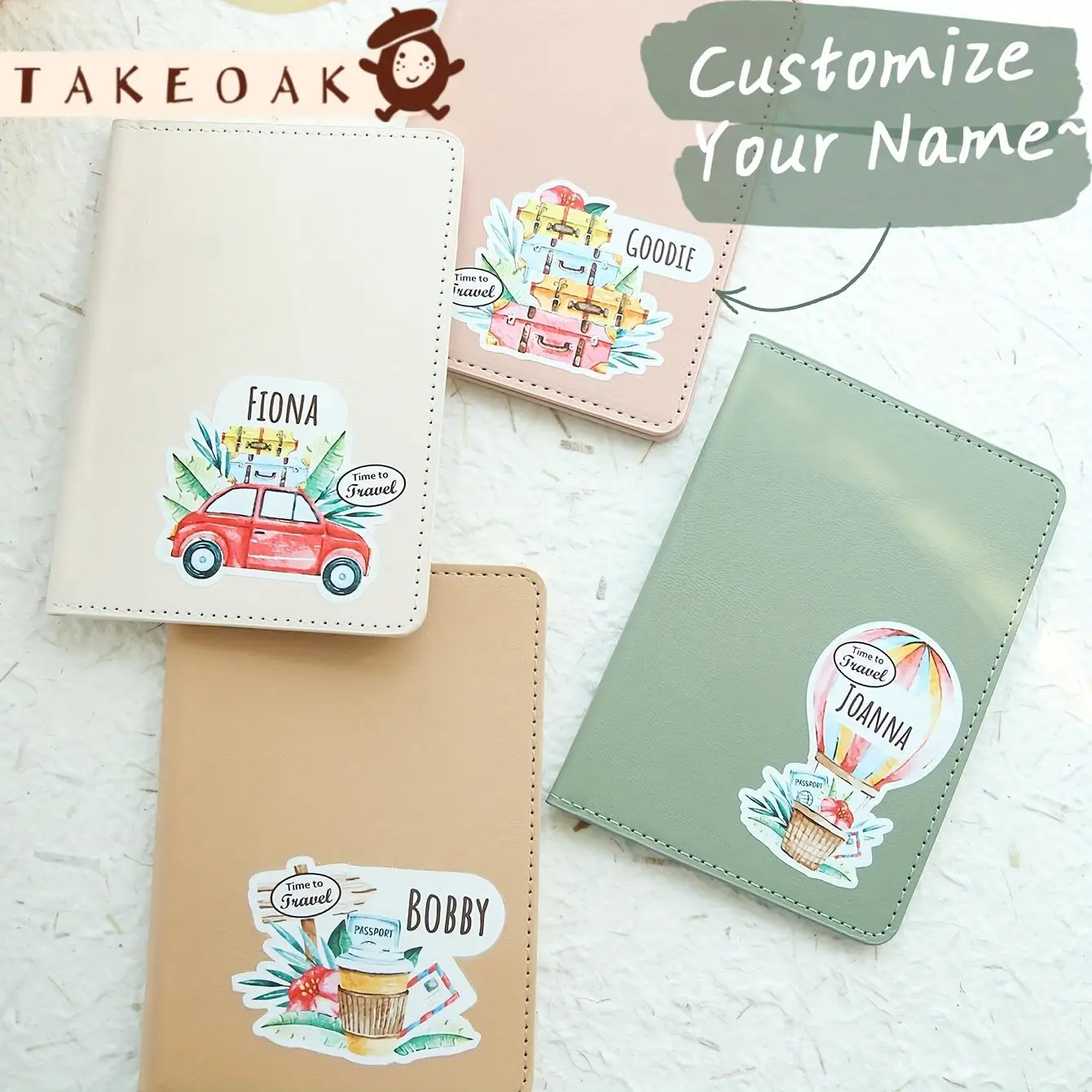 Cute Watercolor Travel Element Custom Full Name PU Leather Passport Cover Portable Multi-slot Travel Document Organizer