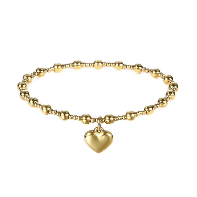 Waterproof Non Fading Metal Stainless Steel Jewelry Girl Party Durable Solid Round Beads Smooth Heart-Shaped Elasticity Bracelet