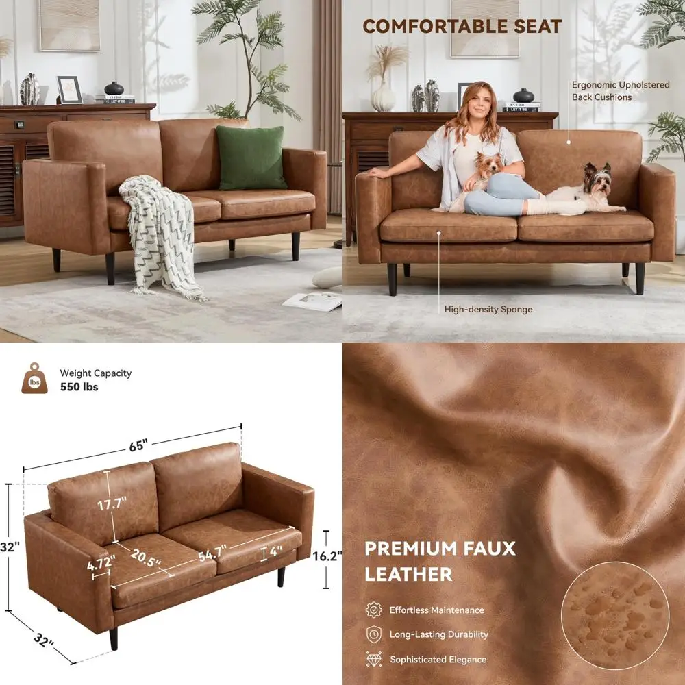 Mid Century Modern Faux Leather Loveseat Sofa with Solid Wooden Frame for Living Room and Bedroom