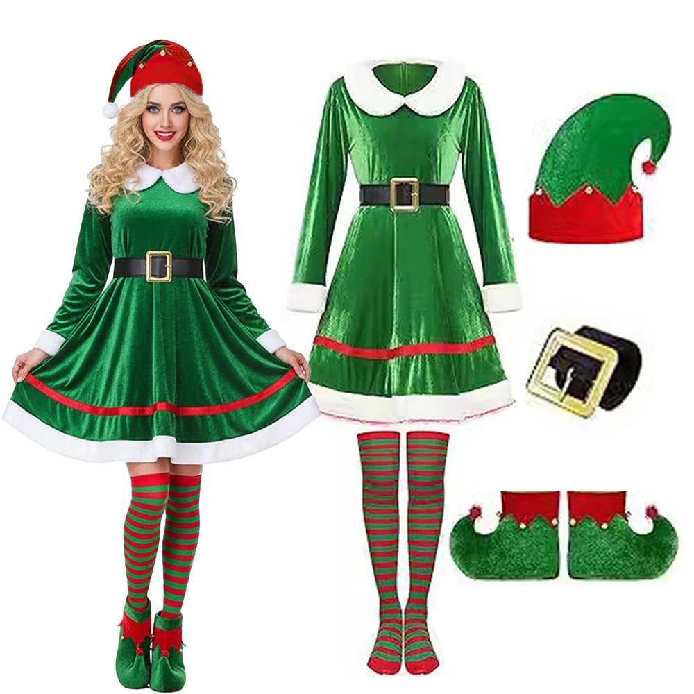 

Santa Claus Costume Dress Christmas Elf Women's Outfit Velvet Party Cosplay Green Dresses with Hat Stockings Belt and Shoes Suit