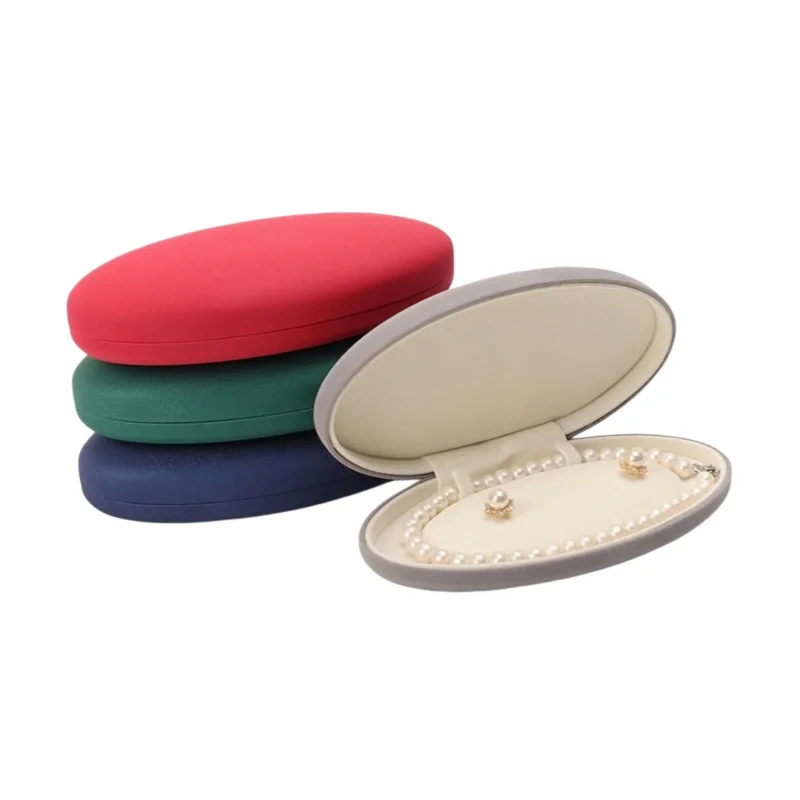 Oval Velvet Jewelry Box for Pearl Necklace & Earring Set 2-in-1 Jewelry Organizer Display Gift Box for Women 