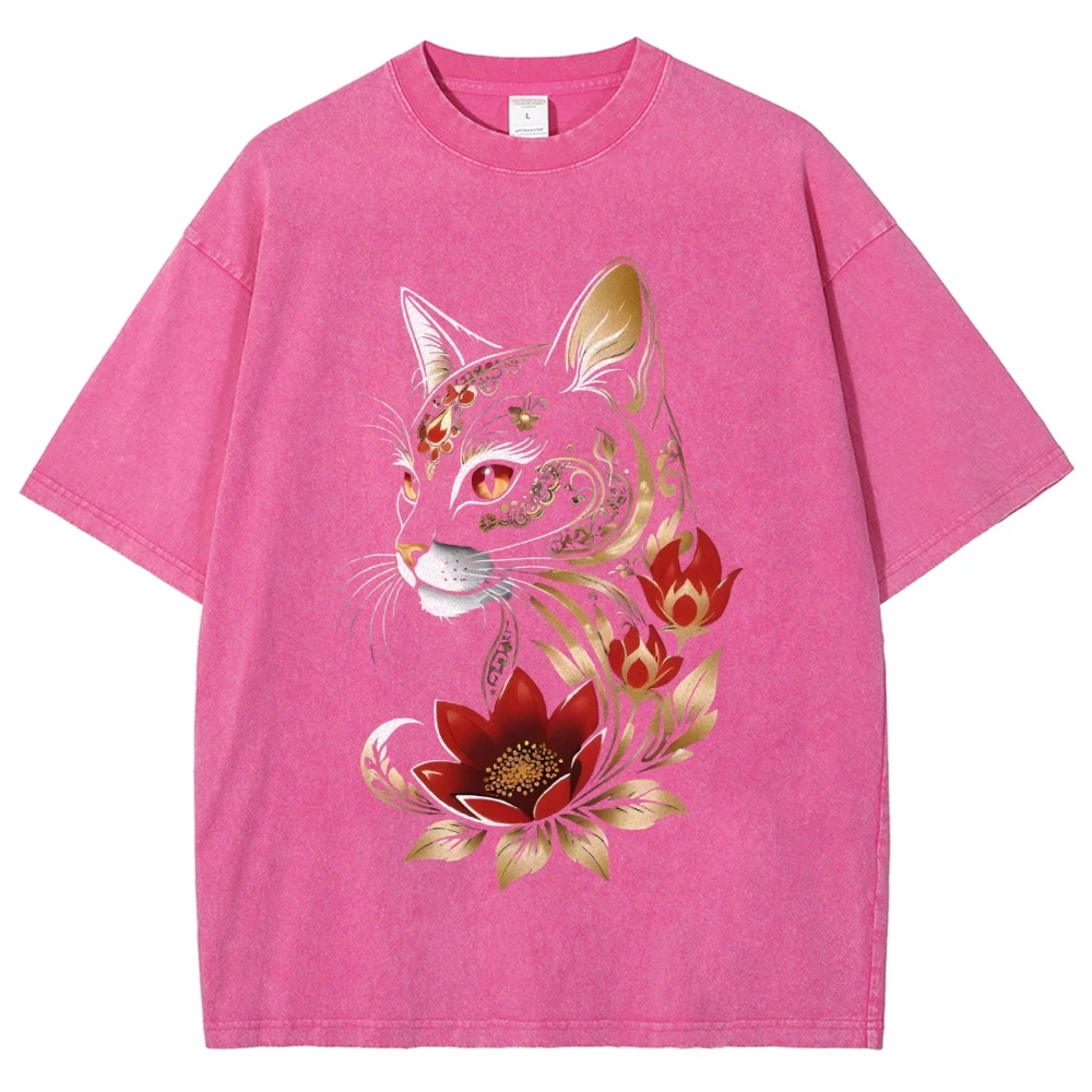 Koszulka Graficzna Ozdobny Kot Kwiatowy Złoty Nadruk Artystyczne Zwierzę Czysta Bawełna Codzienna Odzież Modny Boho Design Y2k Atmosfera Tee