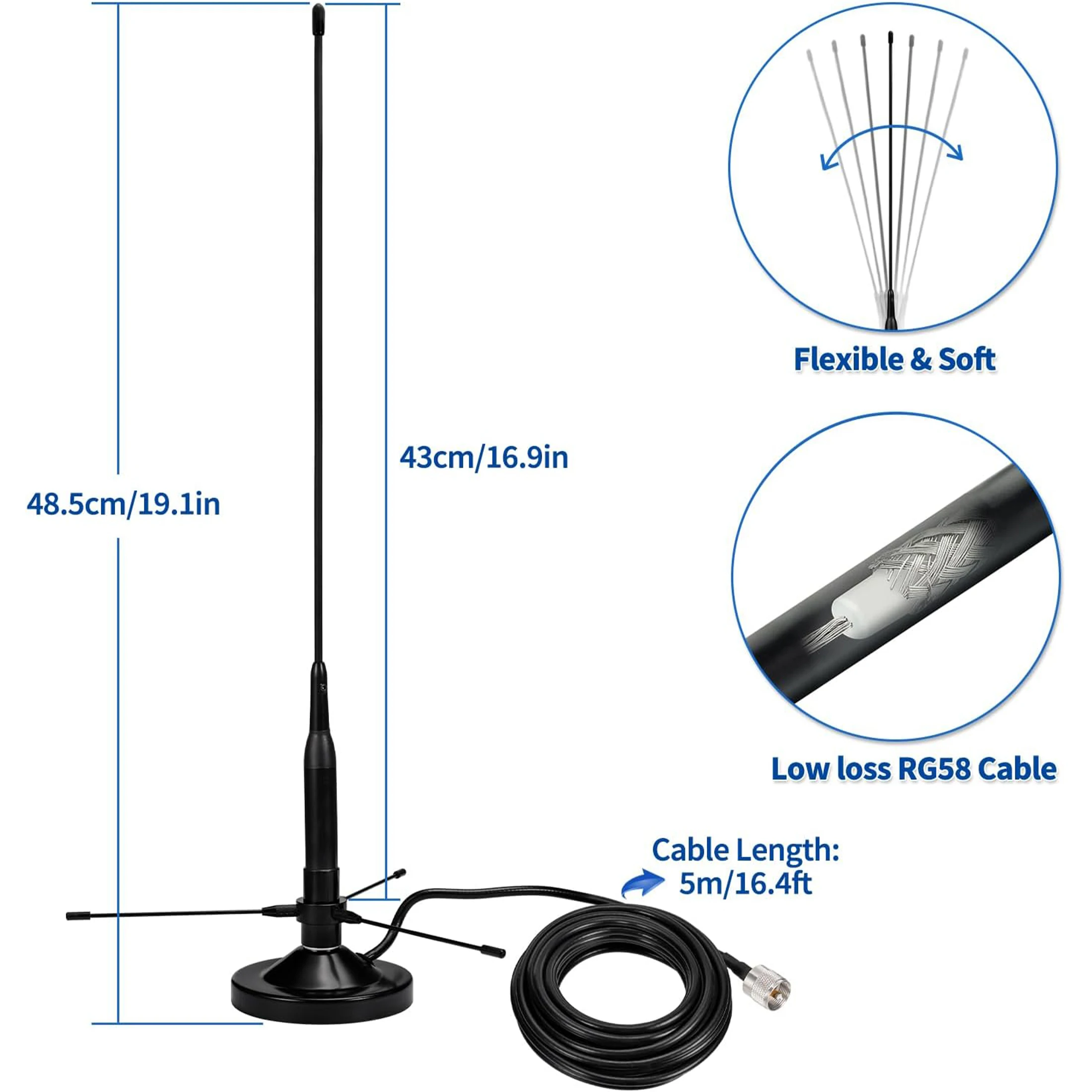 Dual Band VHF/UHF Vehicle Mobile Ham Radio Antenna 136-174MHz 400-470MHz with Ground Planes Magnetic Base Mount Soft Whip Antenn