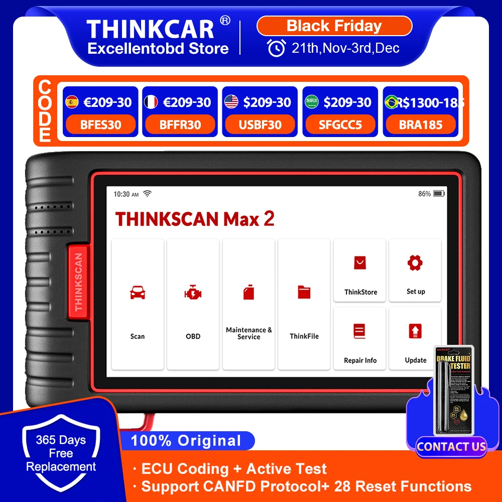 THINKCAR ThinkScan Max 2 Full Sysyem Diagnostic Tool OBD2 Scanner 28 Resets ECU Coding Active Test Support CANFD Lifetime Free