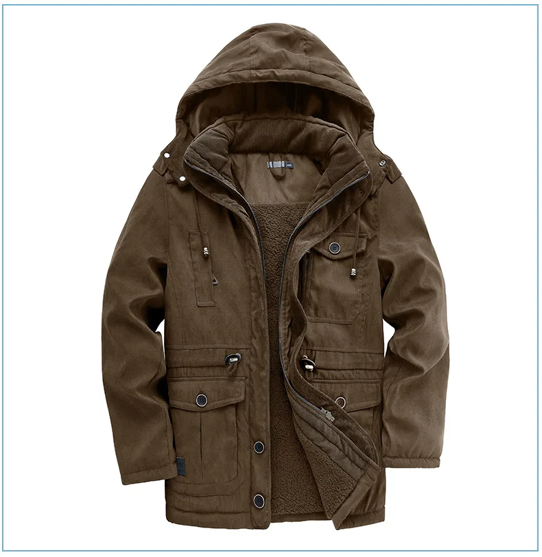 Men Oversized Hooded Lamb Fleece Parkas Men Thick Multi Pocket Mid Length Outerwear Winter Thick Parkas Males Thermal Parkas