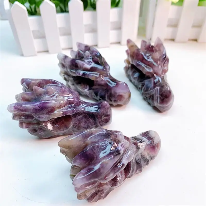 Natural Dream Amethyst Dragon Head Skull Healing Polished Quartz Crystal Figurine Holiday Gift Home Room Decoration 1PCS