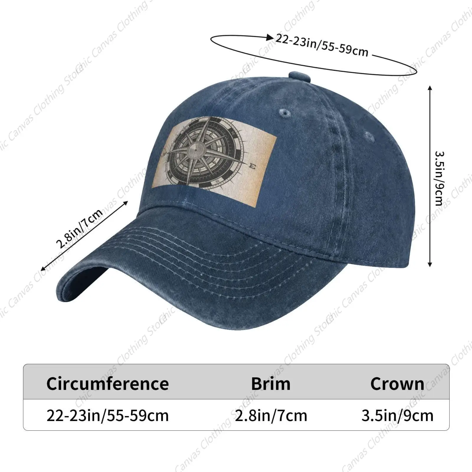 Wind Rose Vintage Compass Navy Blue Baseball Cap Adjustable Washed Denim Hat Breathable Hip Hop Sunshade Hat For Daily Outdoor