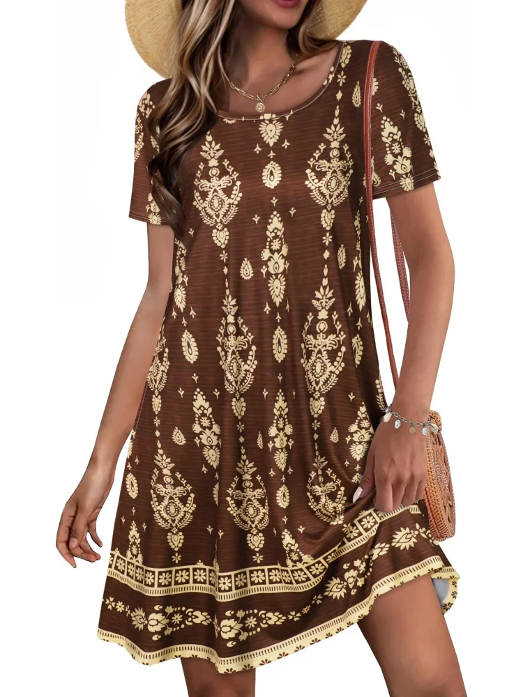 New Summer Collection Elegant Women's Tie-Dye Round-Neck Loose-Fit Short-Sleeve Dress A Stylish Dress for Outdoor Travel