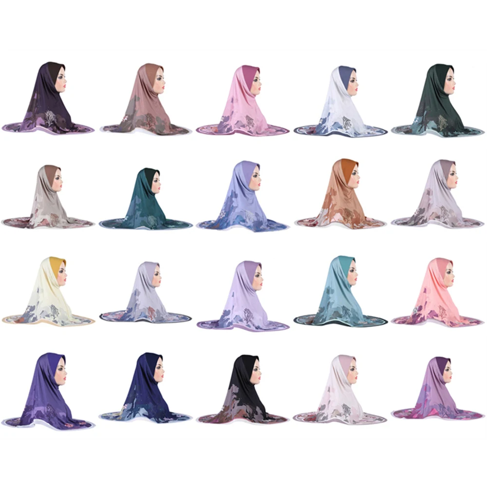 

20pcs Adults Print Pray Hijab Muslim Instant Scarf Islamic Headscarf Hat Armia Pull On Headwrap Turban Women Ramadan Shawl Wrap