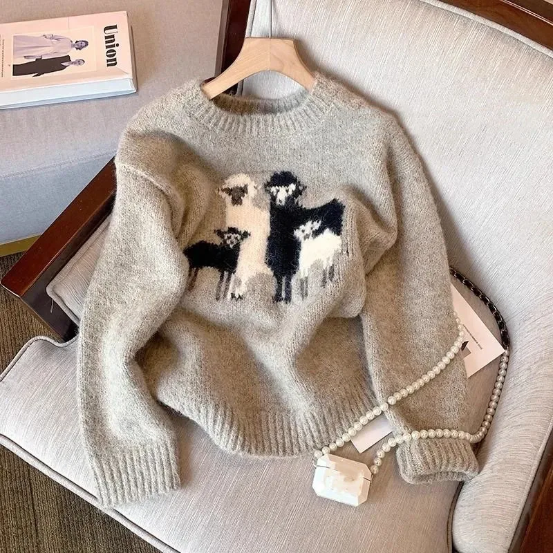 

Cartoon Sheep Woman Sweater Pullovers O Neck Loose Knitwear Tops Female Casual Long Sleeve Knit Jumper Sweater Women Spring