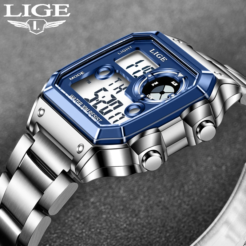 LIGE Fashion Luxury Electronic Men's Watches LED Digital Stainless Man Watch Military Casual Sport Business Waterproof Clock New