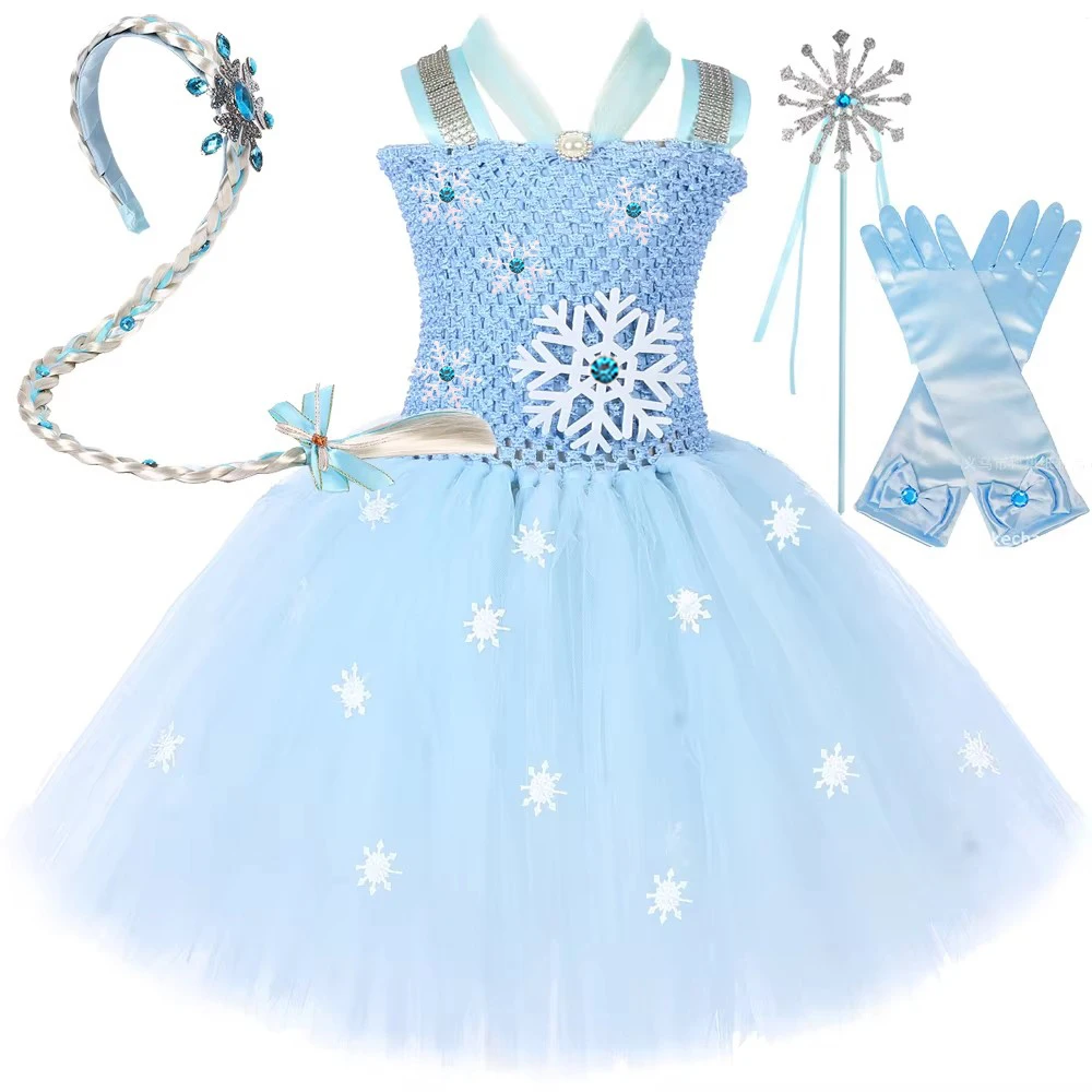 

Princess Elsa Costumes for Girls Christmas Snow Queen Ballet Tutu Dress for Kids New Years Outfit with Long Hair Snowflake Wand