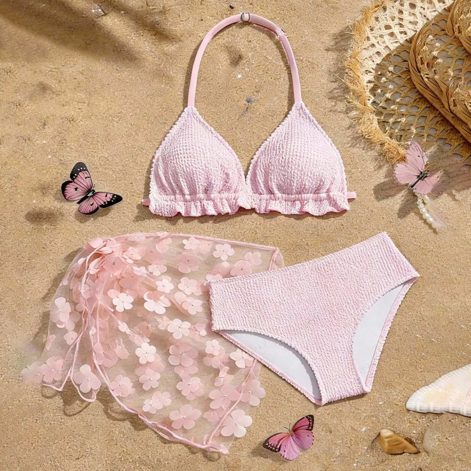 Tween Girls 3 Piece Set Swimsuit Bikini Sets With Beach Skirt Kids Swimwear Bathing Suit Children's Swimming Outfit 8-16 Years