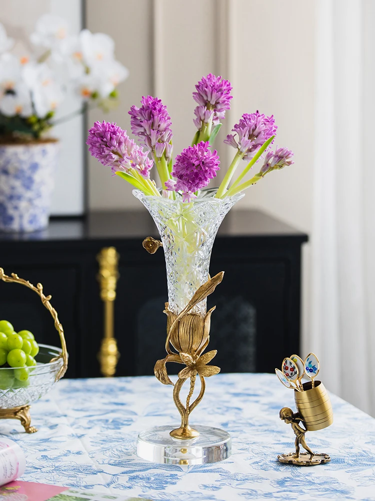 

Ele European Crystal Glass Copper Inlay Flower Vase Luxury Living Room TV Cabinet Decorative Item High End Home Decoration