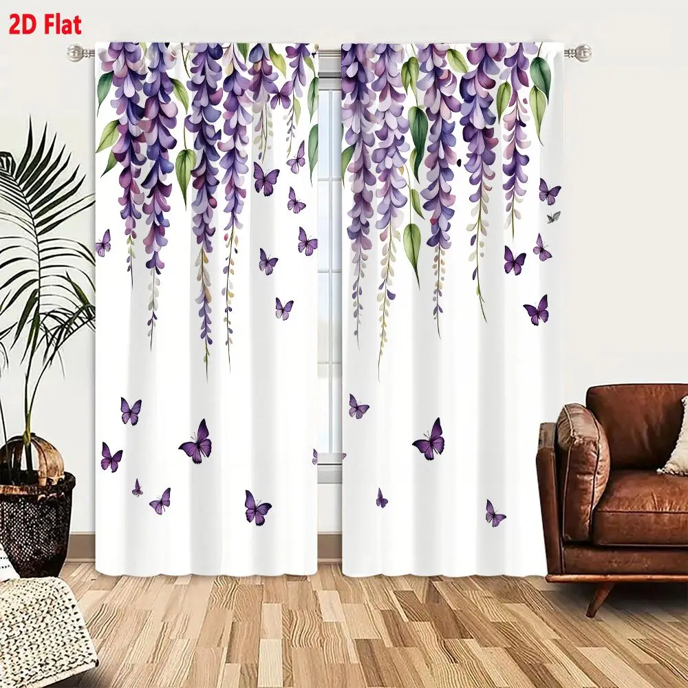 2Pcs Curtains 2D Flat Delicate Wisteria Flowers And Butterflies Watercolor Illustration Window Drapes for Bedroom Room Decor Dec
