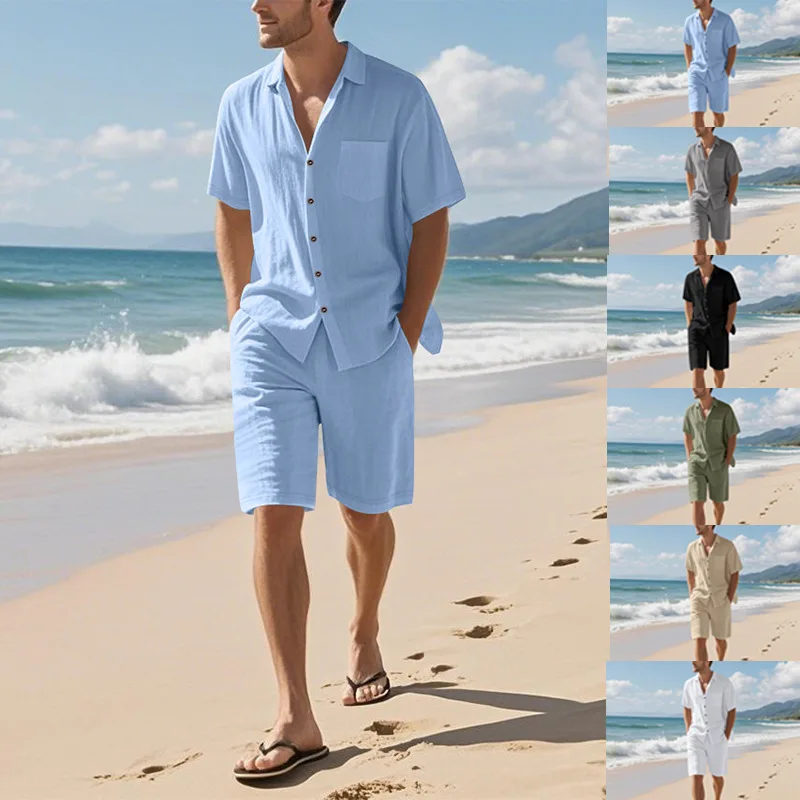 

2025 Summer Men's Fashion Linen Breathable Short Sleeve Shirt Casual Set Solid Color Collar Button Shirt Beach Shorts 2pcs