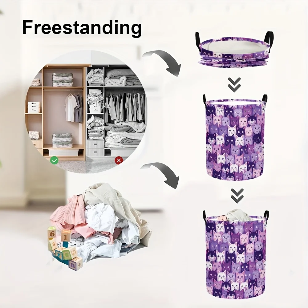 Large Round Foldable Laundry Hamper Basket with Cute Purple Pink White Black Tabby Print Heavy Duty Cloth-Like Clothes - view 5