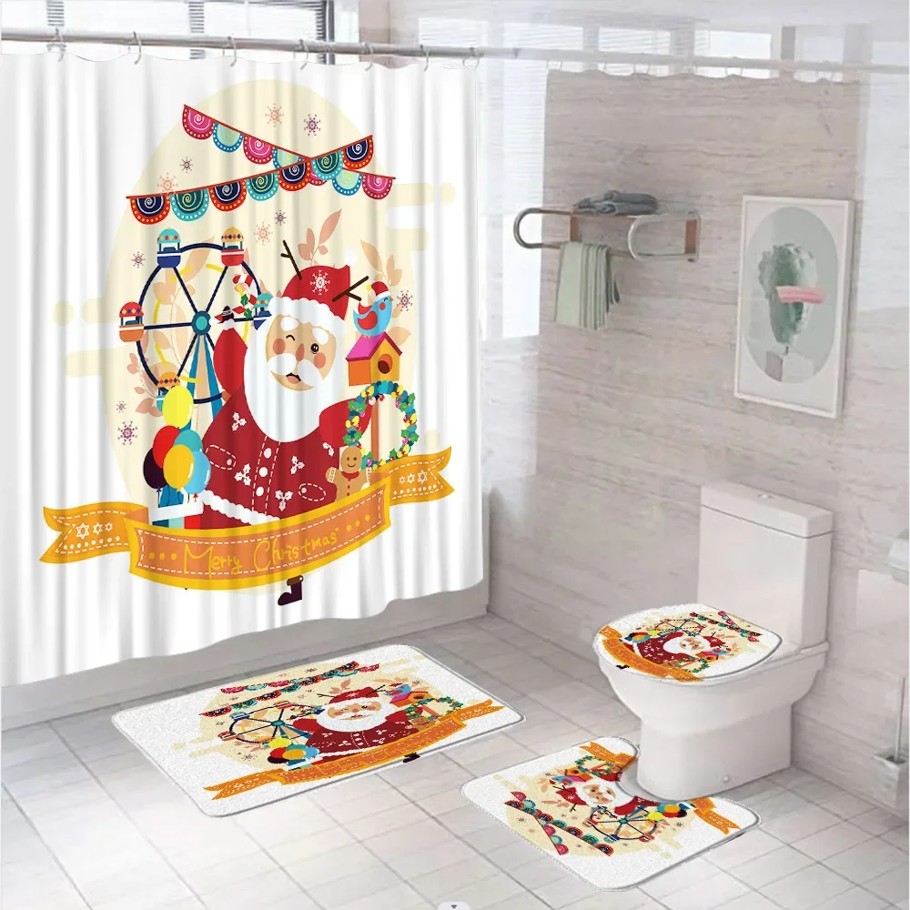 4Pcs Christmas Santa Claus Shower Curtain Sets with Non Slip Rugs Toilet Lid Cover Bath Mat 12 Hooks for Xmas Holiday Decor Home