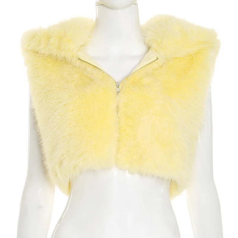 2025 Fall Winter Solid Faux Fur Hooded Jackets Vests Women Sleeveless Zipper Warm Coats Casual Furry Outerwear Cropped Tops